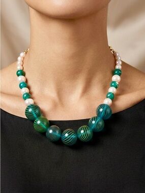 NEW Mary Kent Designs Murano Glass, Pearls and Blue Agate Beaded Necklace, 16.5”